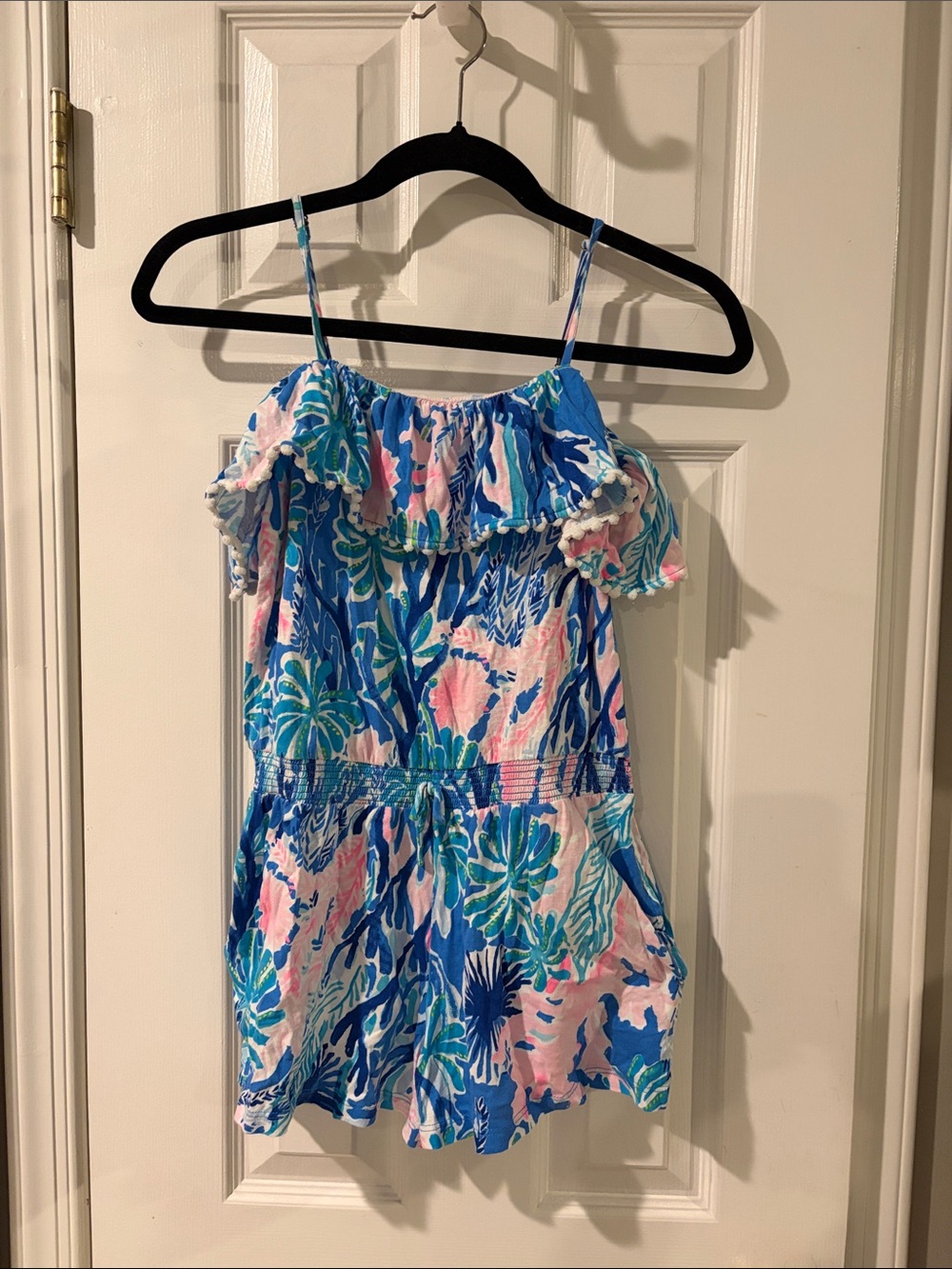 Lilly Pulitzer Girls Klea Jet Stream print Blue & Pink Tropical Romper
